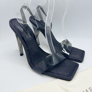 GOOD AMERICAN Black Crystal Crush Lucite Sandal Size 8.5 Black Glitter New